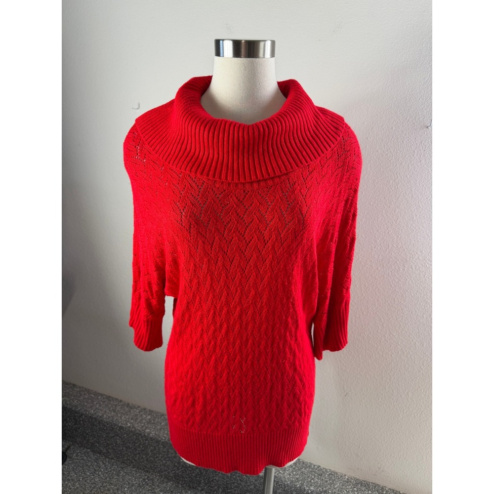 Michael Kors Womens XL Red Pointelle Knit Short Sleeve Sweater Cowl Neck Top